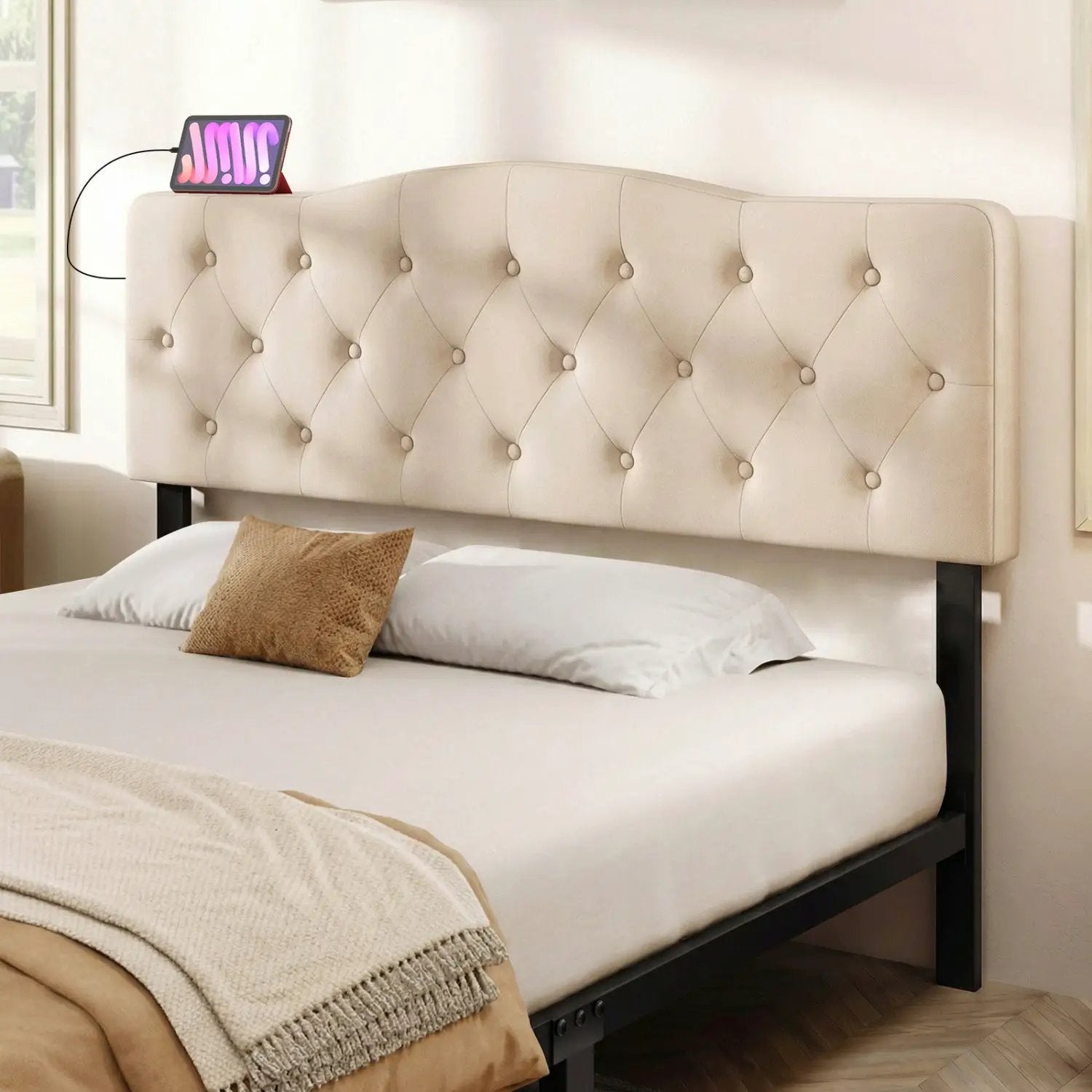 Tufted Upholstered Head Board for Queen and Full Size Bed with 2 AC Outlets by DirectDeals