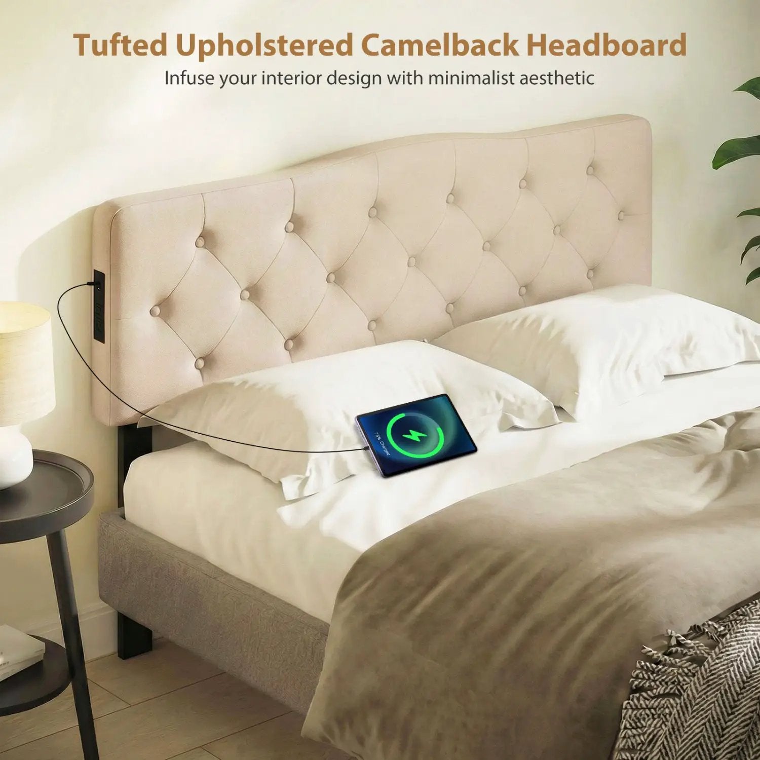 Tufted Upholstered Head Board for Queen and Full Size Bed with 2 AC Outlets by DirectDeals