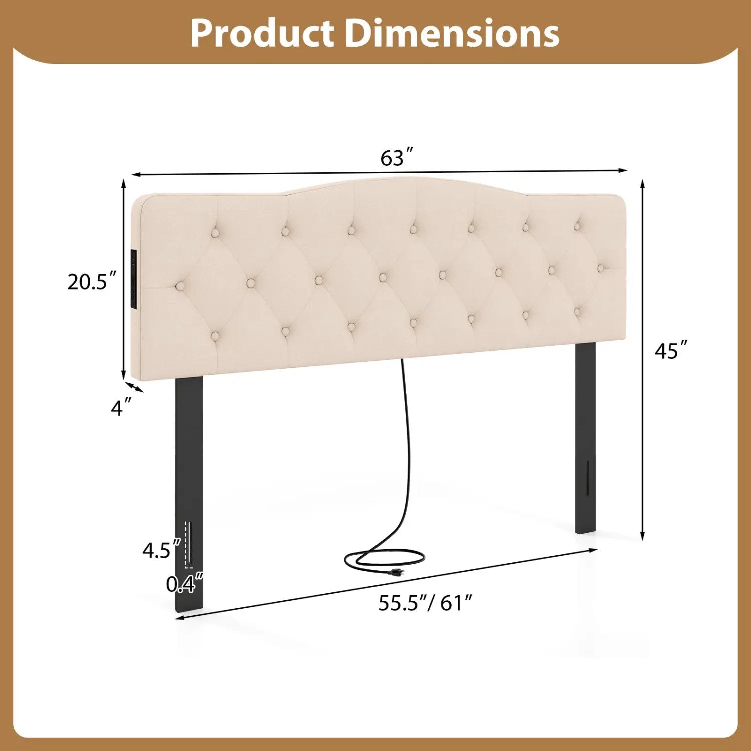 Tufted Upholstered Head Board for Queen and Full Size Bed with 2 AC Outlets by DirectDeals