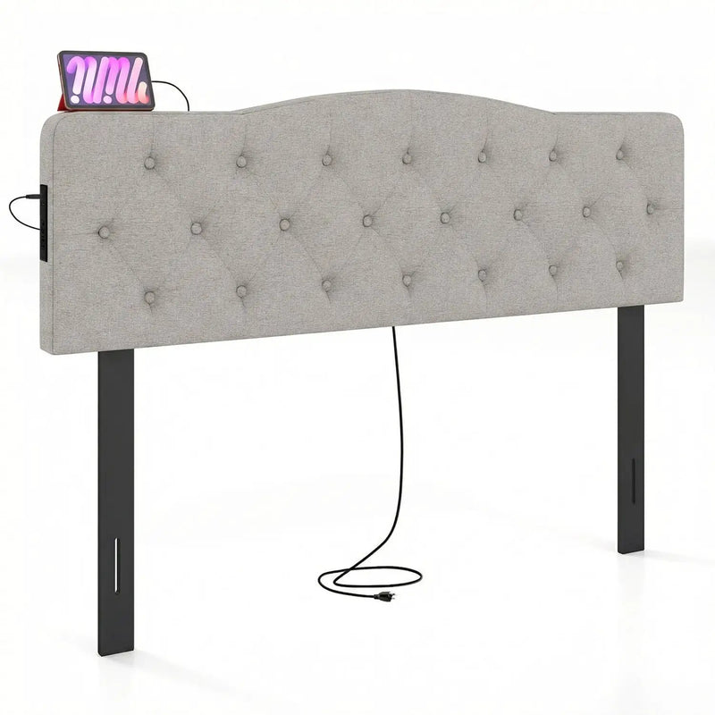 Tufted Upholstered Head Board for Queen and Full Size Bed with 2 AC Outlets by DirectDeals