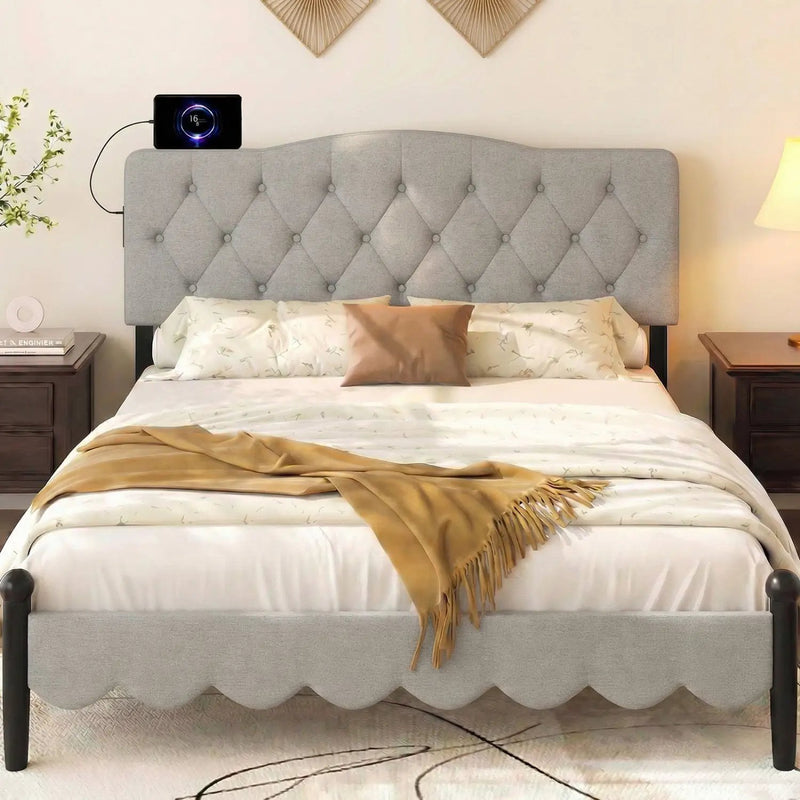 Tufted Upholstered Head Board for Queen and Full Size Bed with 2 AC Outlets by DirectDeals