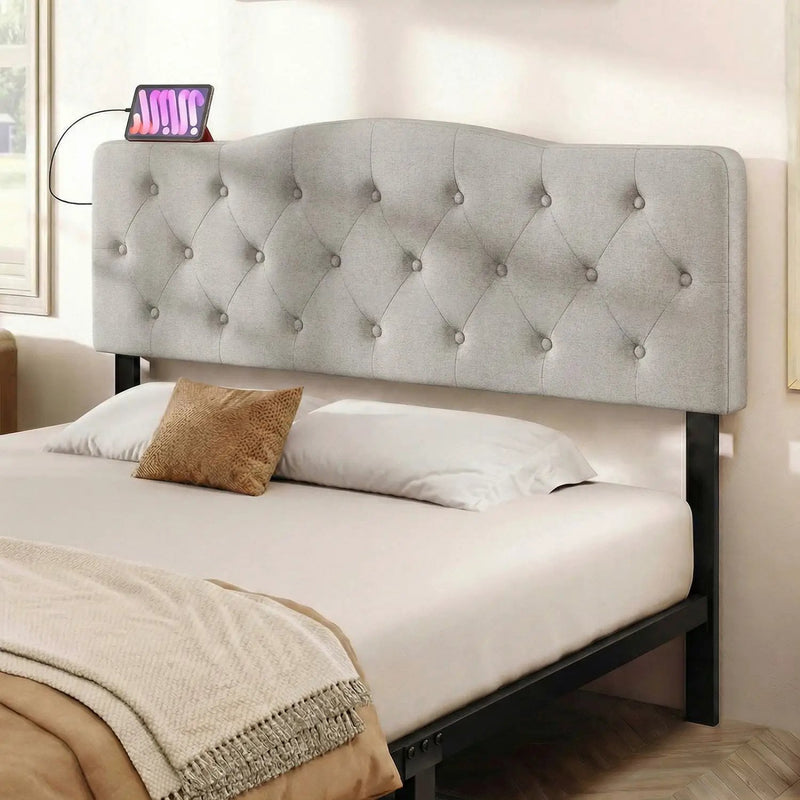 Tufted Upholstered Head Board for Queen and Full Size Bed with 2 AC Outlets by DirectDeals