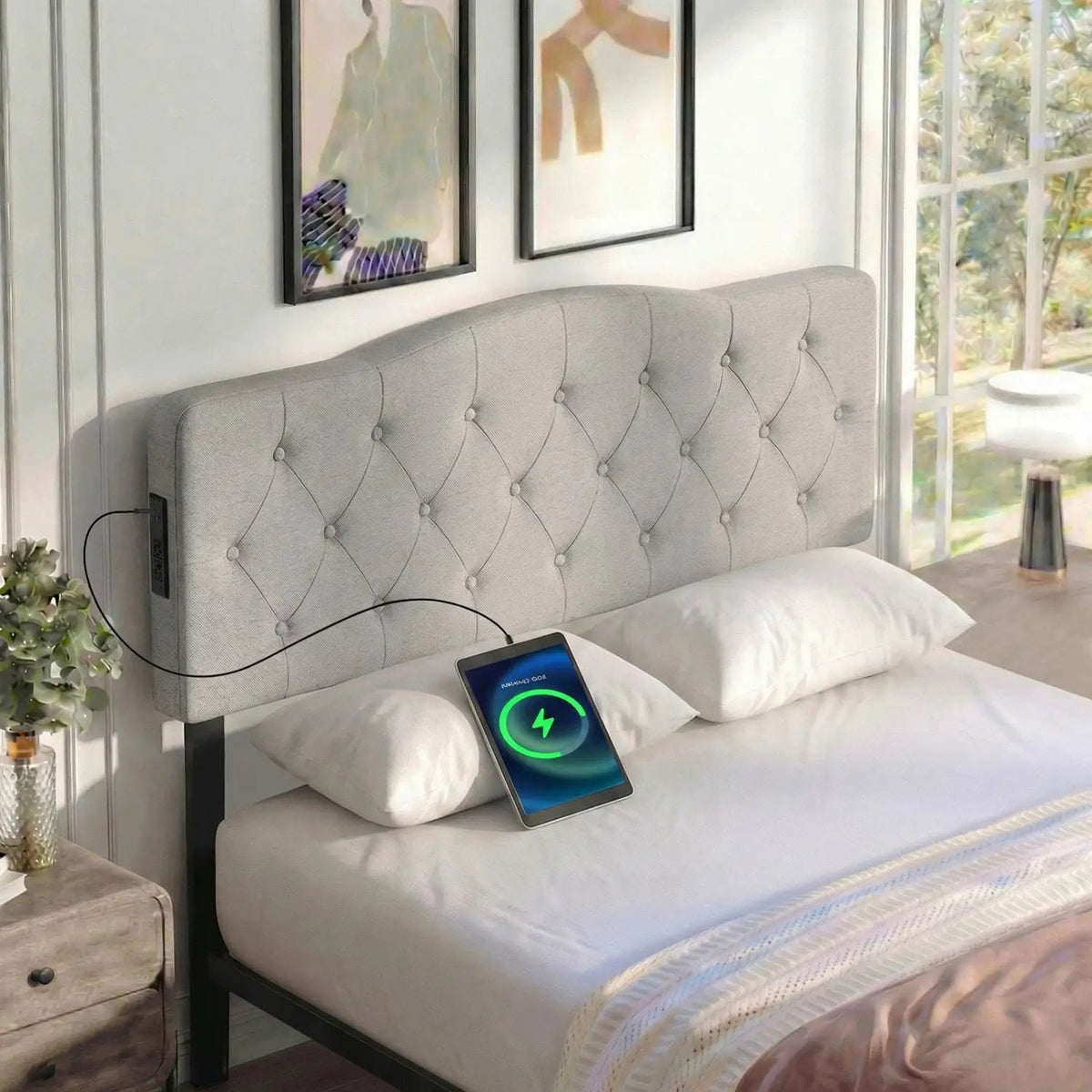 Tufted Upholstered Head Board for Queen and Full Size Bed with 2 AC Outlets by DirectDeals