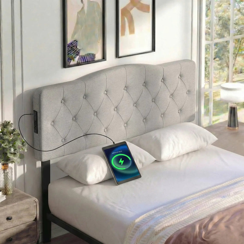 Tufted Upholstered Head Board for Queen and Full Size Bed with 2 AC Outlets by DirectDeals
