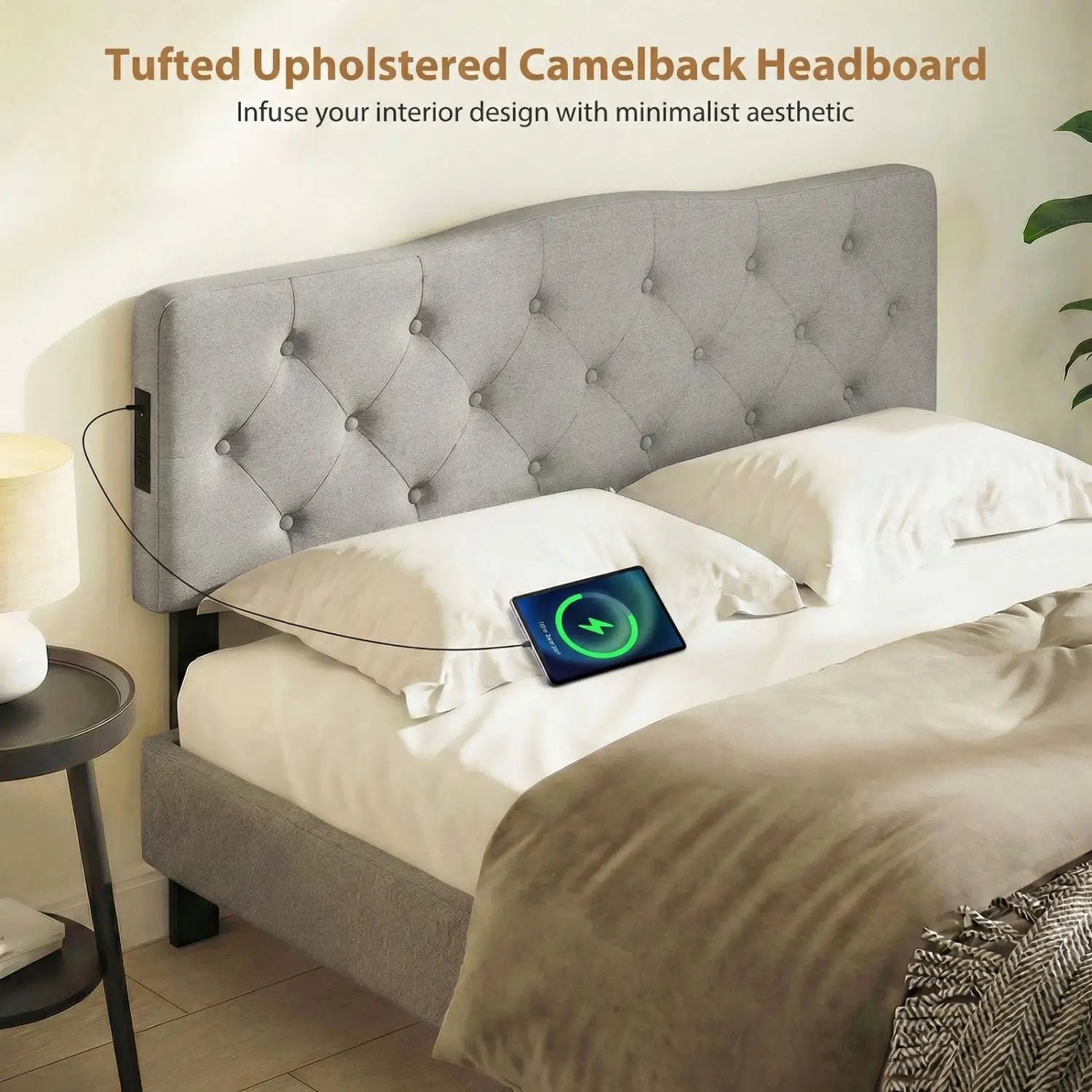 Tufted Upholstered Head Board for Queen and Full Size Bed with 2 AC Outlets by DirectDeals