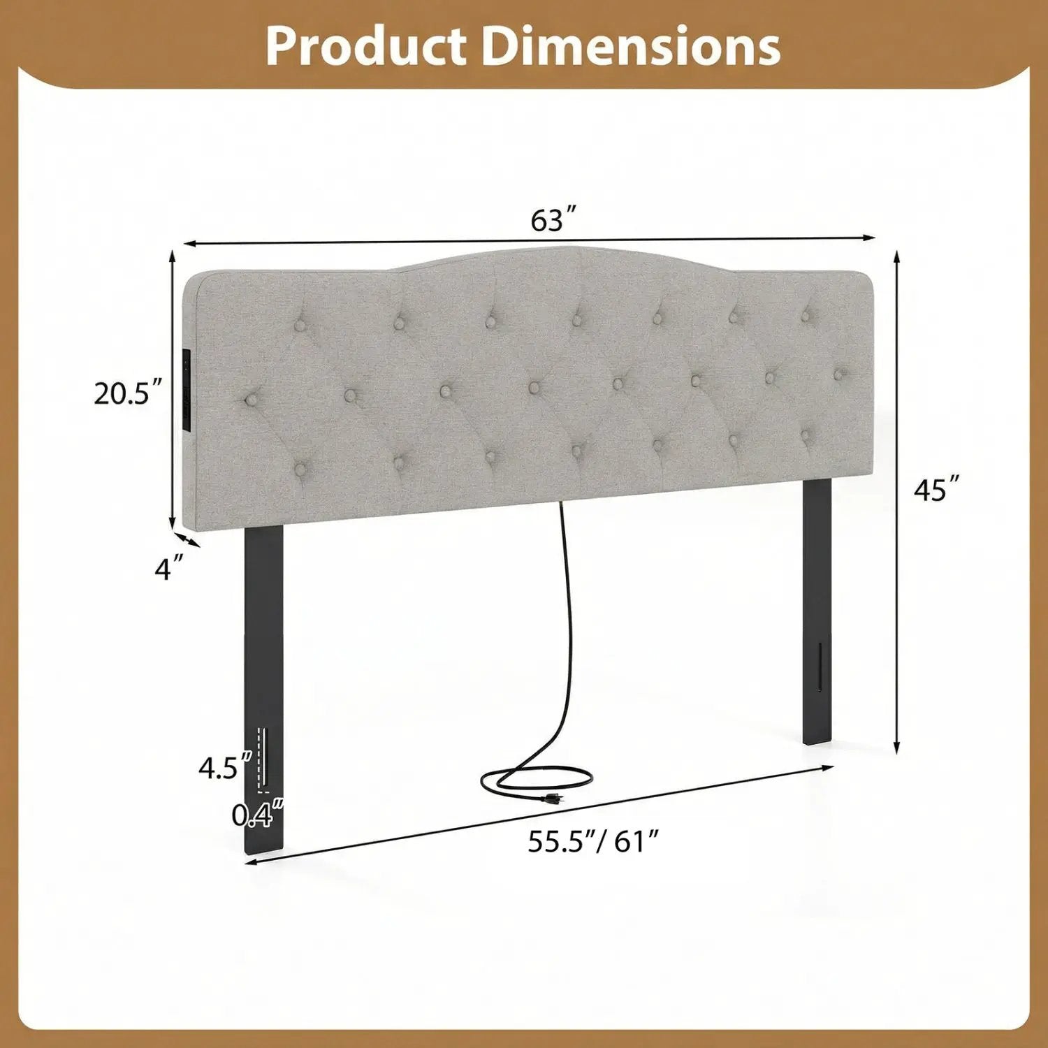 Tufted Upholstered Head Board for Queen and Full Size Bed with 2 AC Outlets by DirectDeals