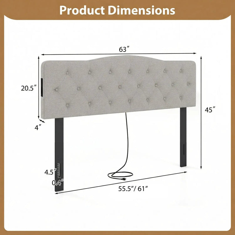 Tufted Upholstered Head Board for Queen and Full Size Bed with 2 AC Outlets by DirectDeals