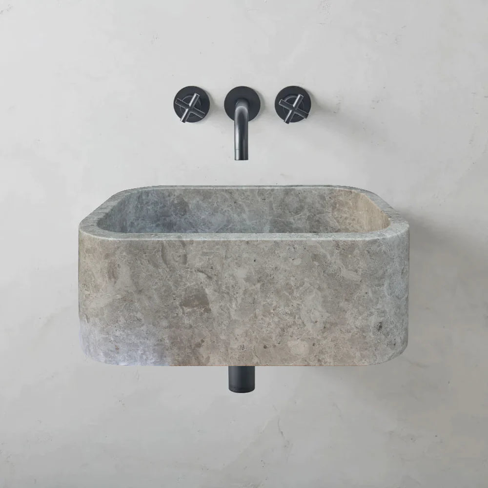 Tundra Gray Marble Rectangular Wall-mount Bathroom Sink (W)12" (L)18" (H)7" by GobekDesign