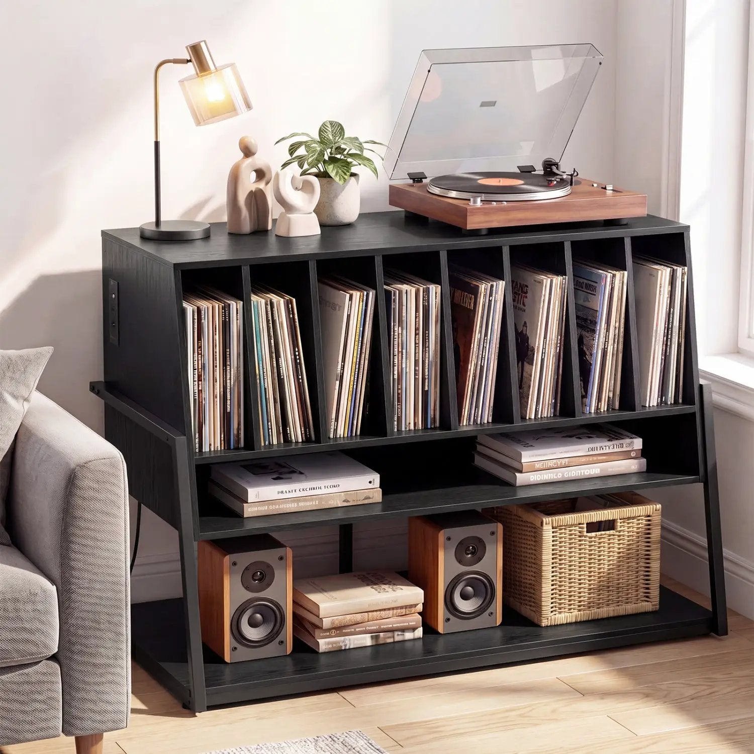 Turntable Stand with Charging Station & Vinyl Storage by DirectDeals