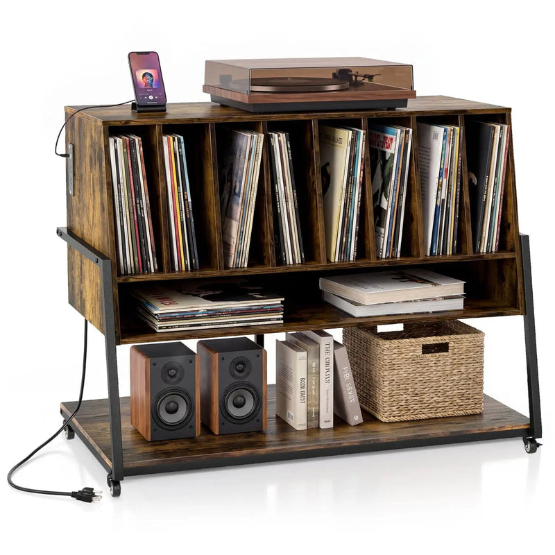 Turntable Stand with Charging Station & Vinyl Storage by DirectDeals