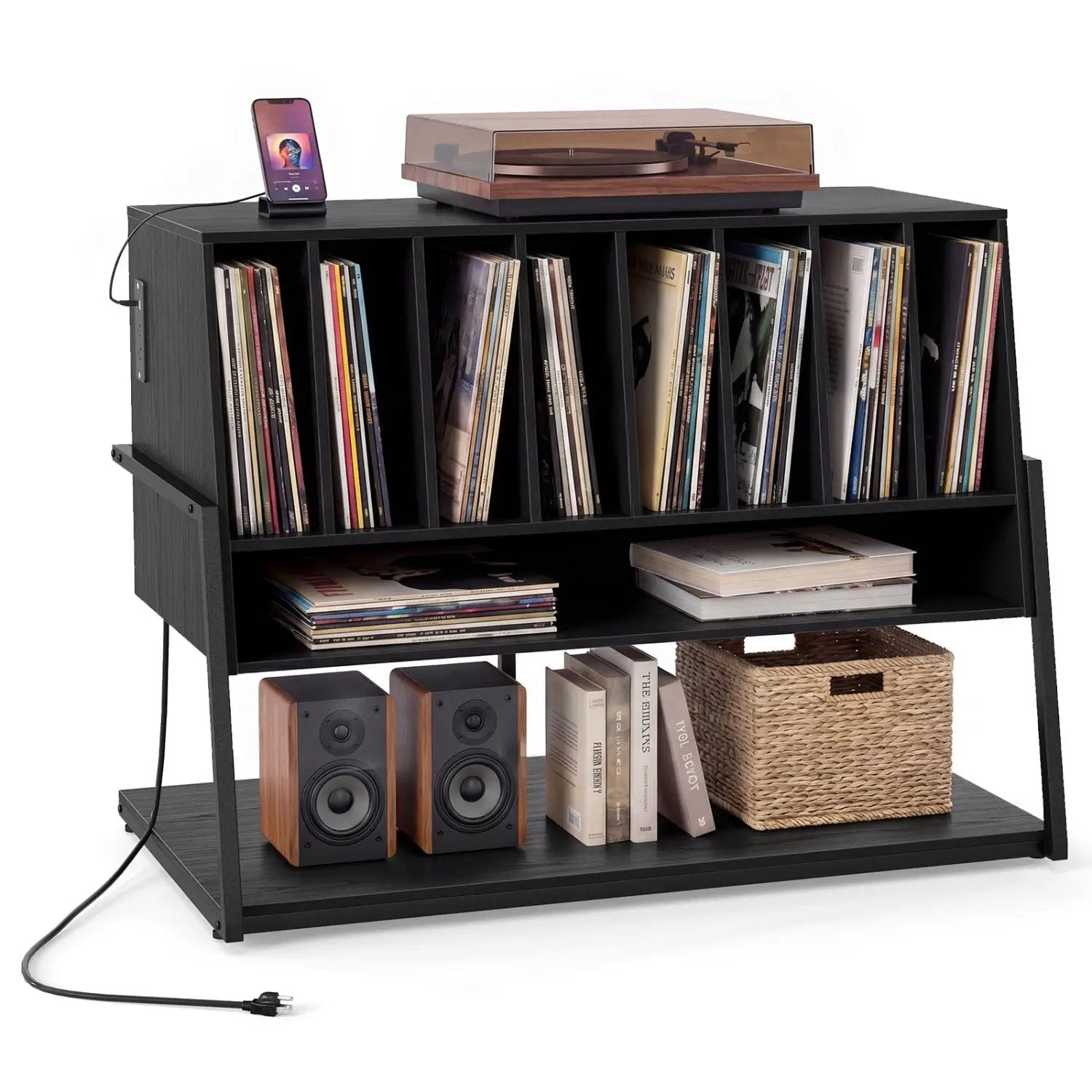 Turntable Stand with Charging Station & Vinyl Storage by DirectDeals