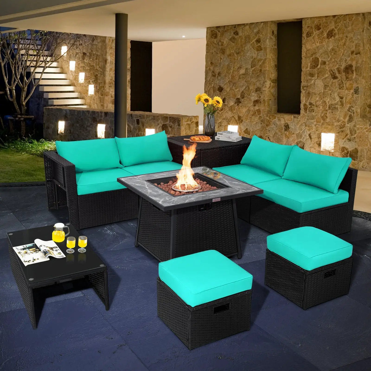 9 Pieces Outdoor Wicker Sectional with 35 Inch Gas Fire Pit Table by DirectDeals