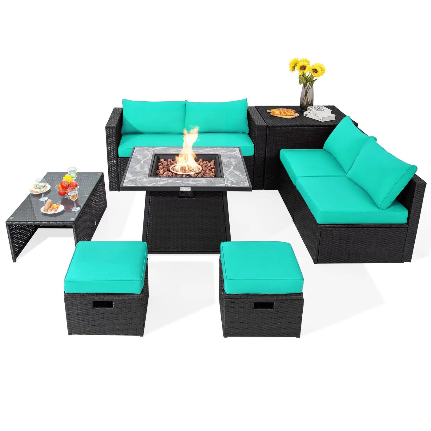 9 Pieces Outdoor Wicker Sectional with 35 Inch Gas Fire Pit Table by DirectDeals