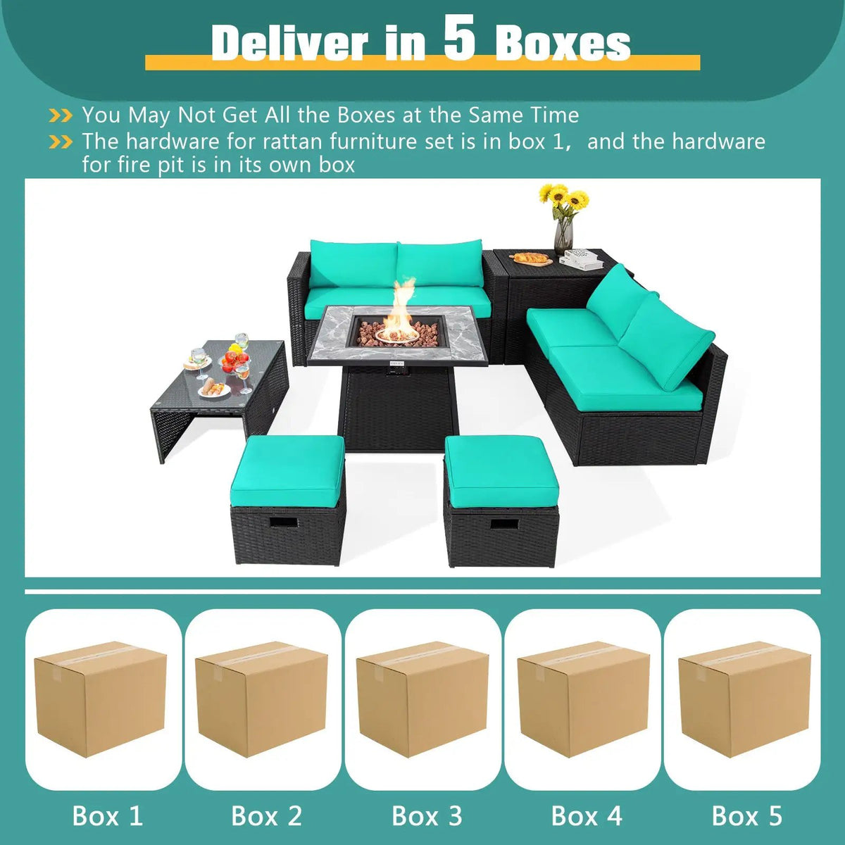 9 Pieces Outdoor Wicker Sectional with 35 Inch Gas Fire Pit Table by DirectDeals