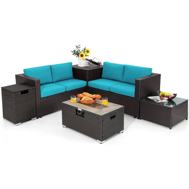 6 Pieces Outdoor Wicker Furniture Set with 32 Inch Propane Fire Pit Table by DirectDeals