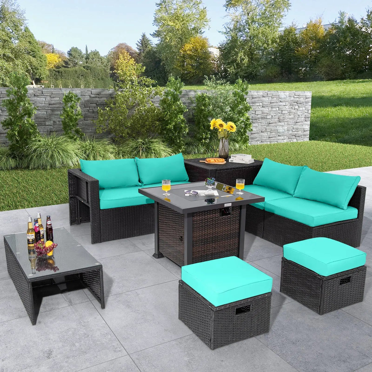 9 Pieces Patio Furniture Set with 32‚Äù Fire Pit Table and 50000 BTU Square Propane Fire Pit by DirectDeals