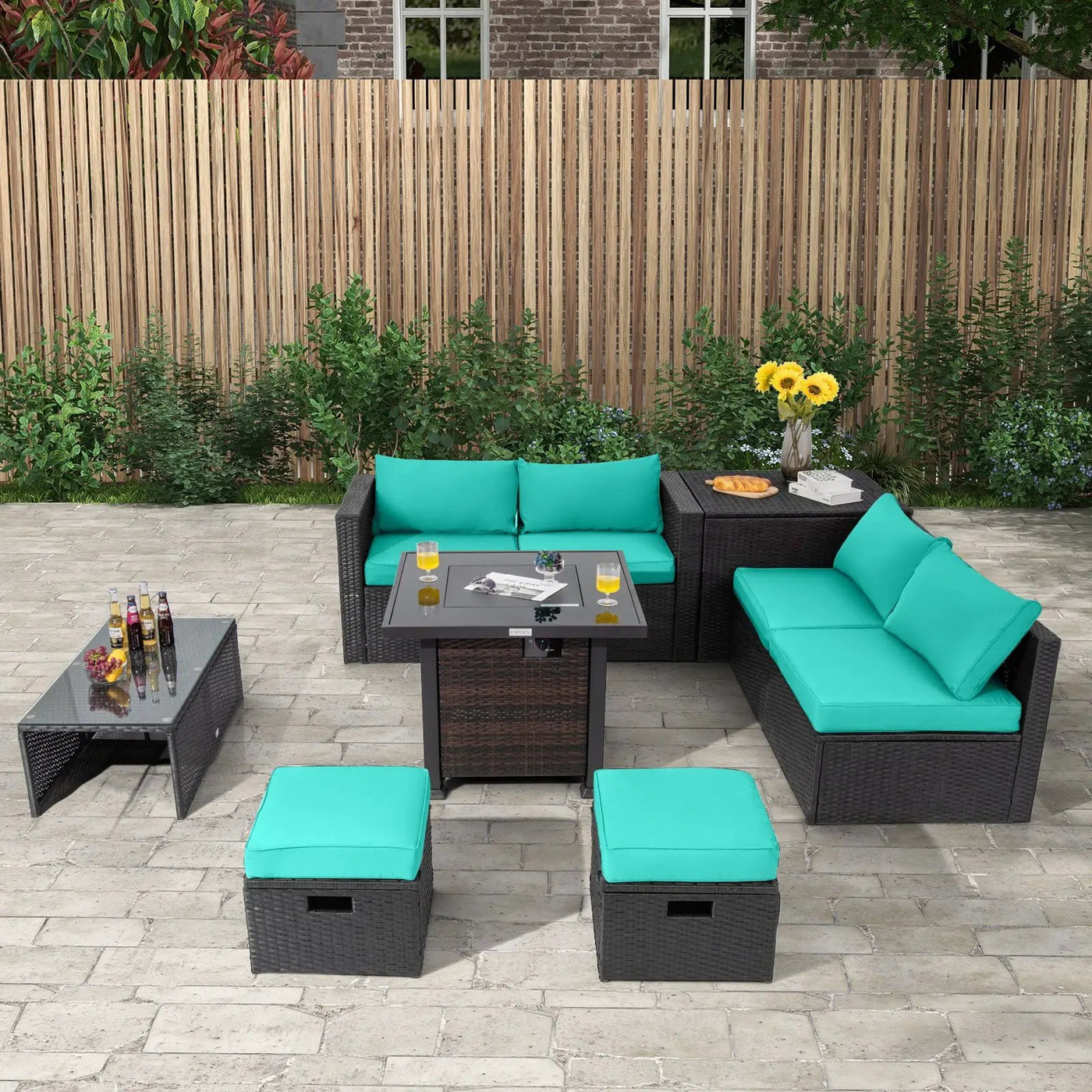 9 Pieces Patio Furniture Set with 32‚Äù Fire Pit Table and 50000 BTU Square Propane Fire Pit by DirectDeals