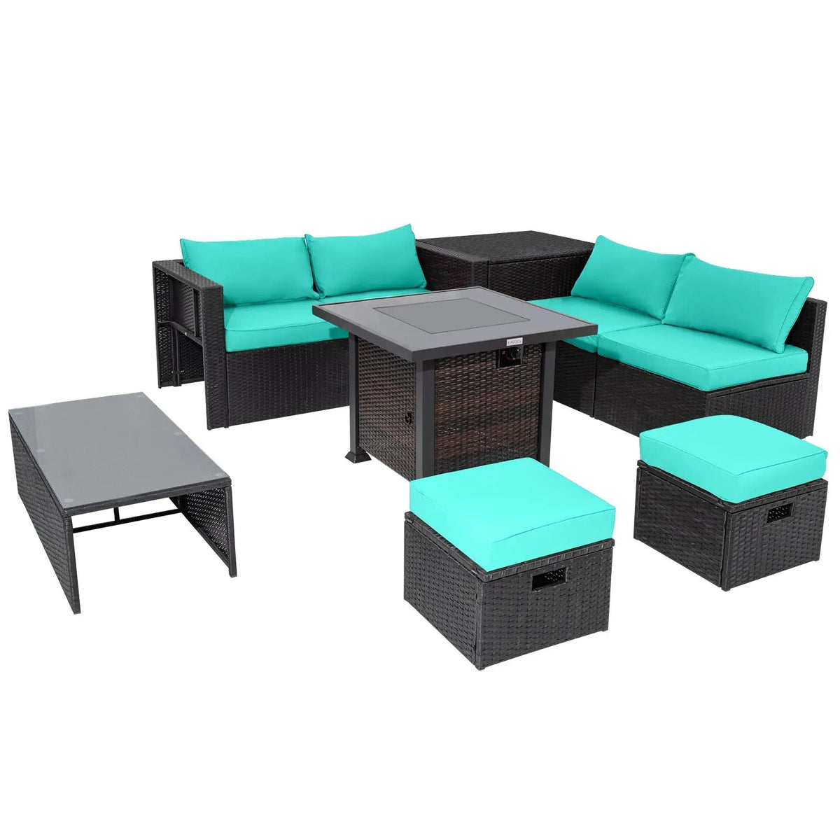 9 Pieces Patio Furniture Set with 32‚Äù Fire Pit Table and 50000 BTU Square Propane Fire Pit by DirectDeals