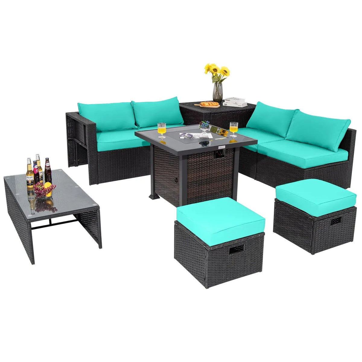 9 Pieces Patio Furniture Set with 32‚Äù Fire Pit Table and 50000 BTU Square Propane Fire Pit by DirectDeals