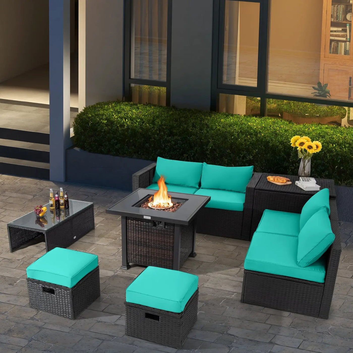 9 Pieces Patio Furniture Set with 32‚Äù Fire Pit Table and 50000 BTU Square Propane Fire Pit by DirectDeals