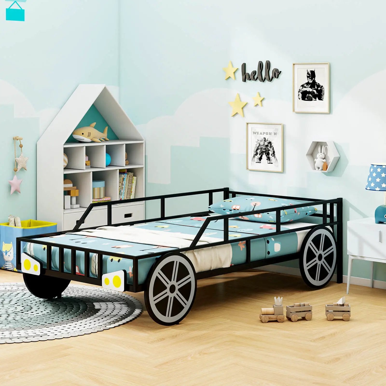 Twin-Size Kids Metal Bed Frame Car-Shaped with Safety Guardrails-Twin Size by DirectDeals