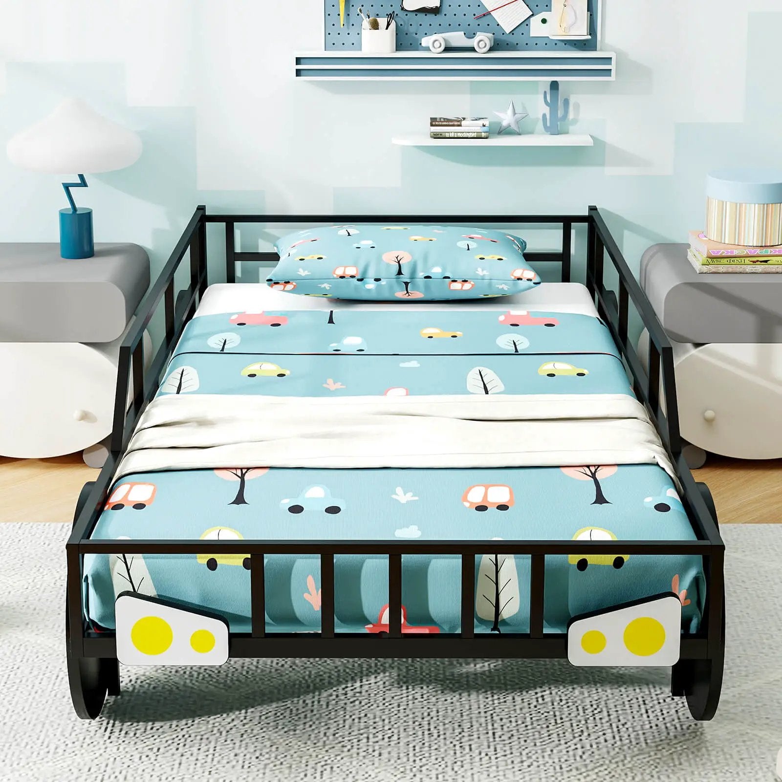 Twin-Size Kids Metal Bed Frame Car-Shaped with Safety Guardrails-Twin Size by DirectDeals