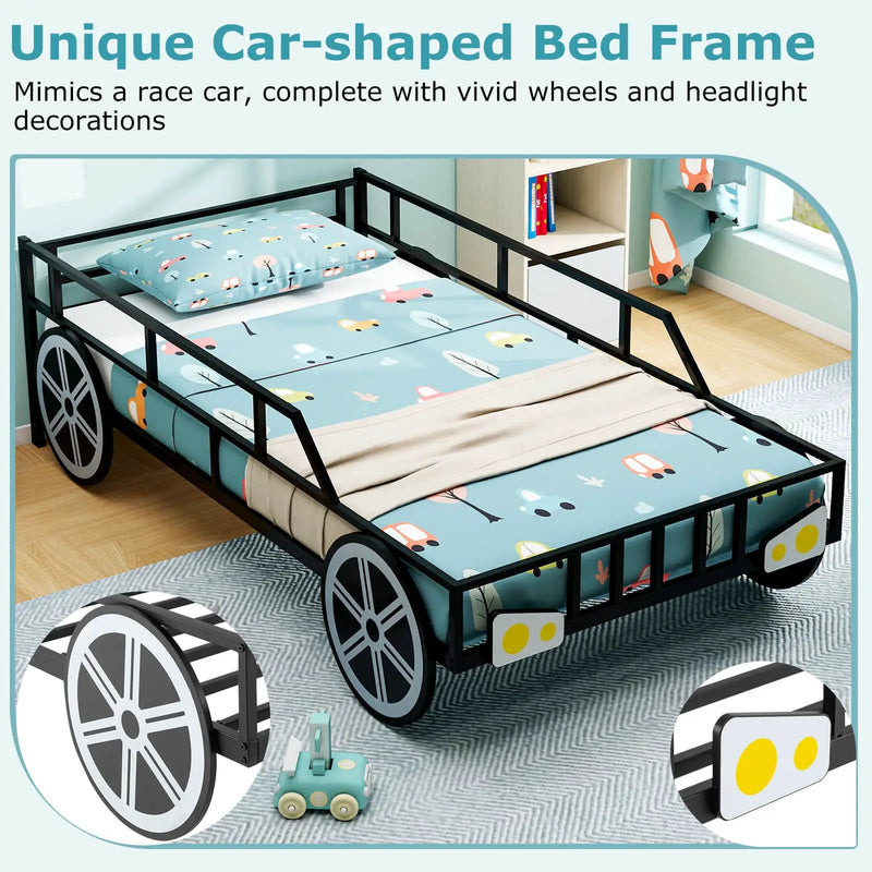 Twin-Size Kids Metal Bed Frame Car-Shaped with Safety Guardrails-Twin Size by DirectDeals