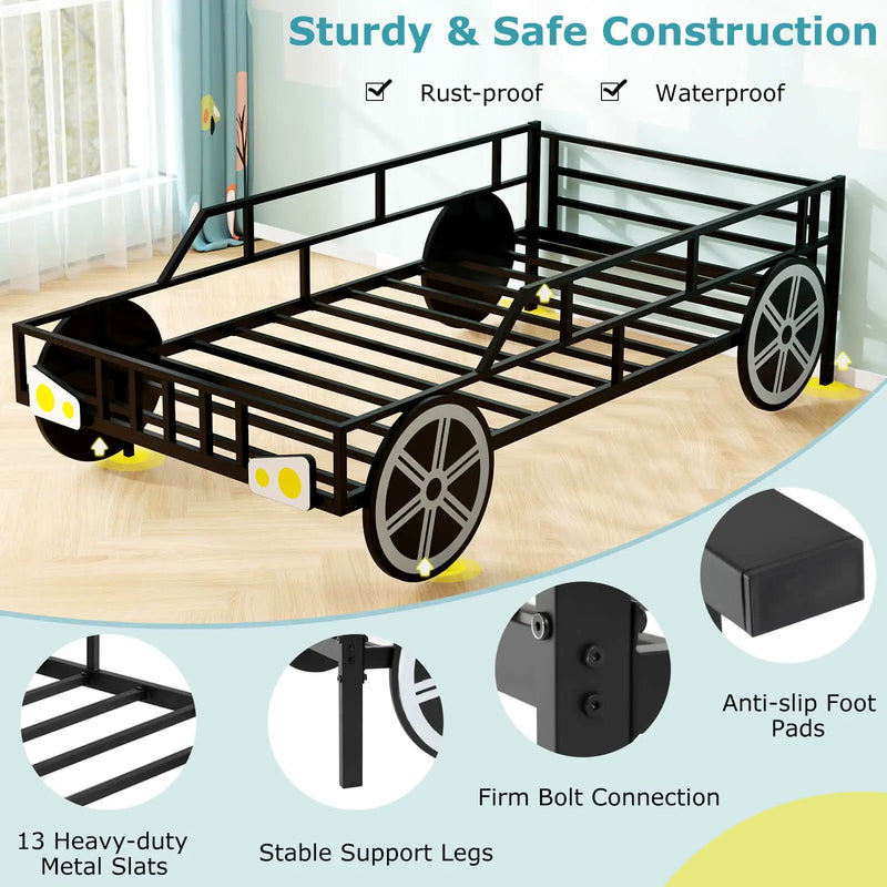 Twin-Size Kids Metal Bed Frame Car-Shaped with Safety Guardrails-Twin Size by DirectDeals