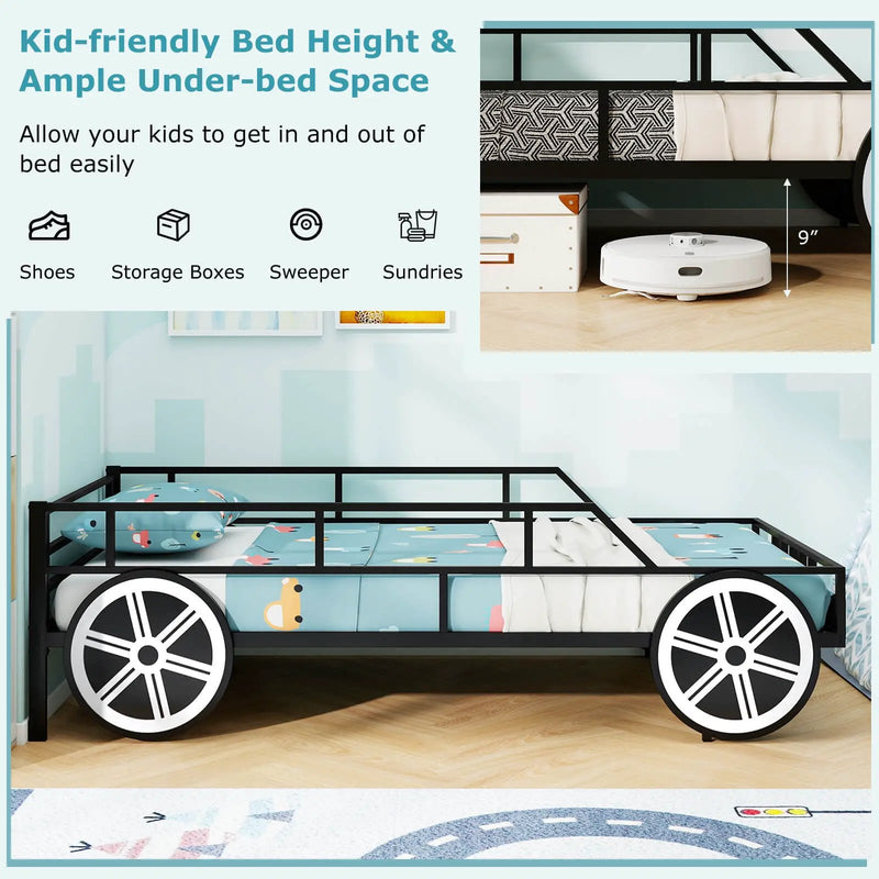 Twin-Size Kids Metal Bed Frame Car-Shaped with Safety Guardrails-Twin Size by DirectDeals