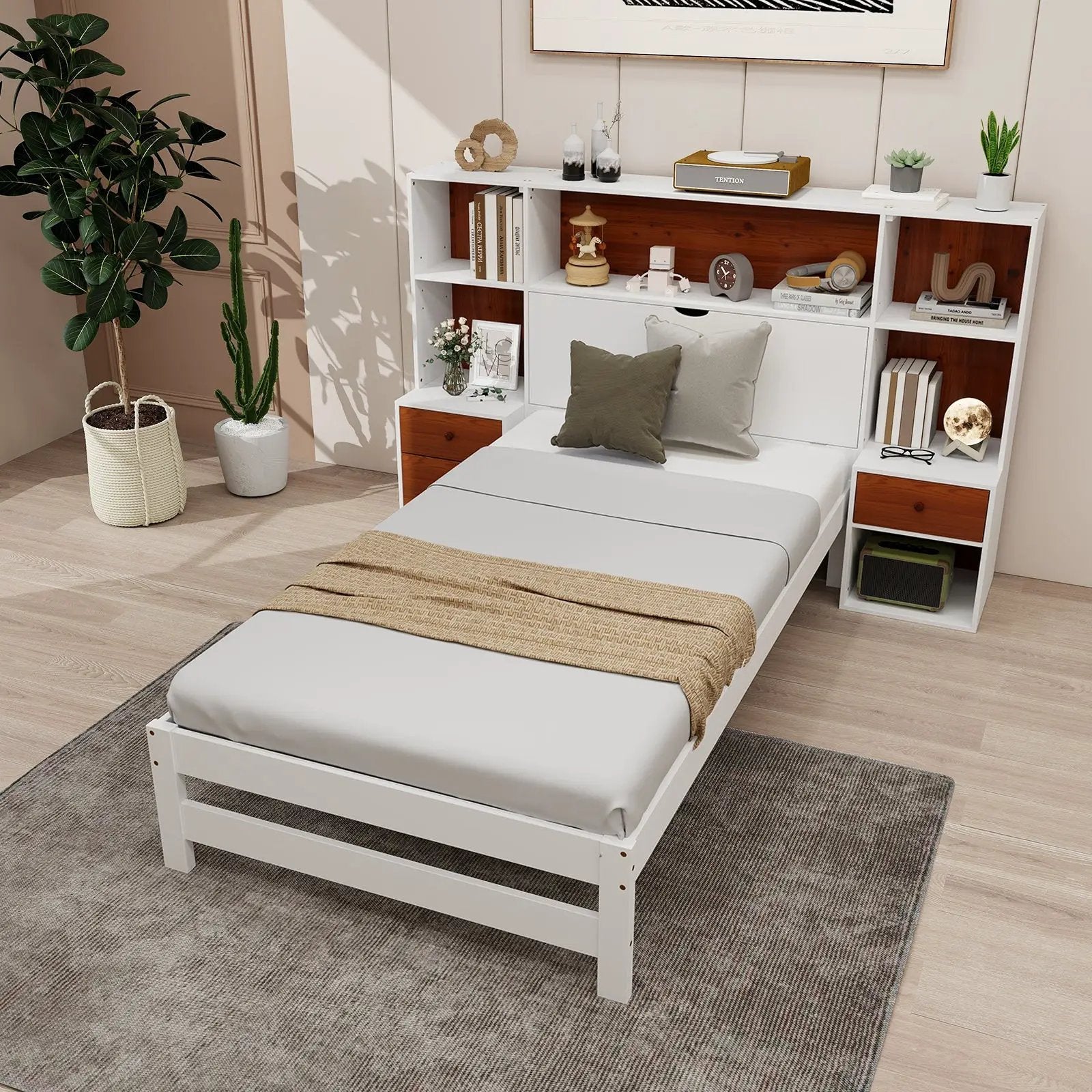 Bed Frame with Storage Headboard and Nightstands-Twin Size by DirectDeals