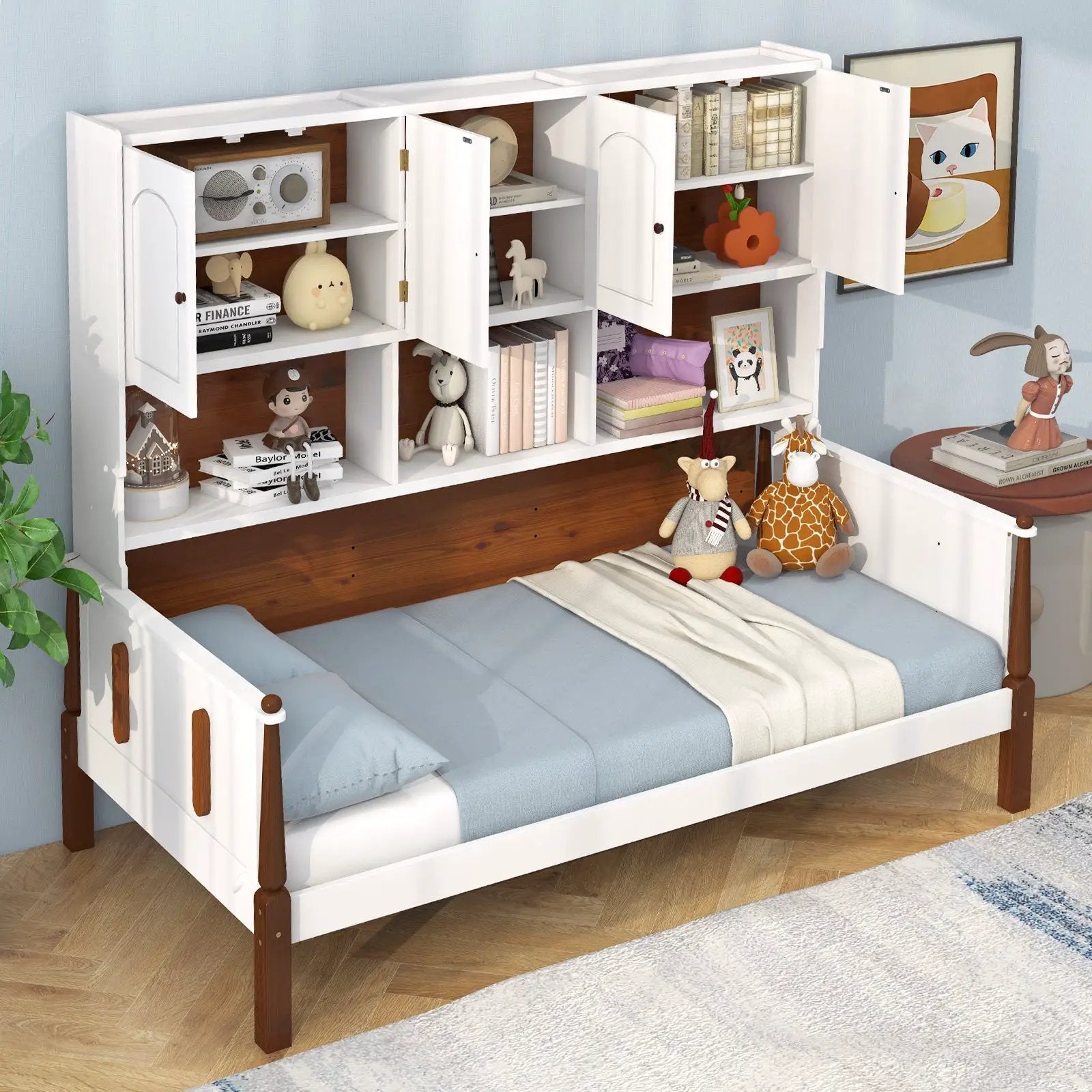Twin Bed with Bookcase with Shelves and Wooden Slat Support No Box Spring Needed for Living Room Bedroom-White by DirectDeals