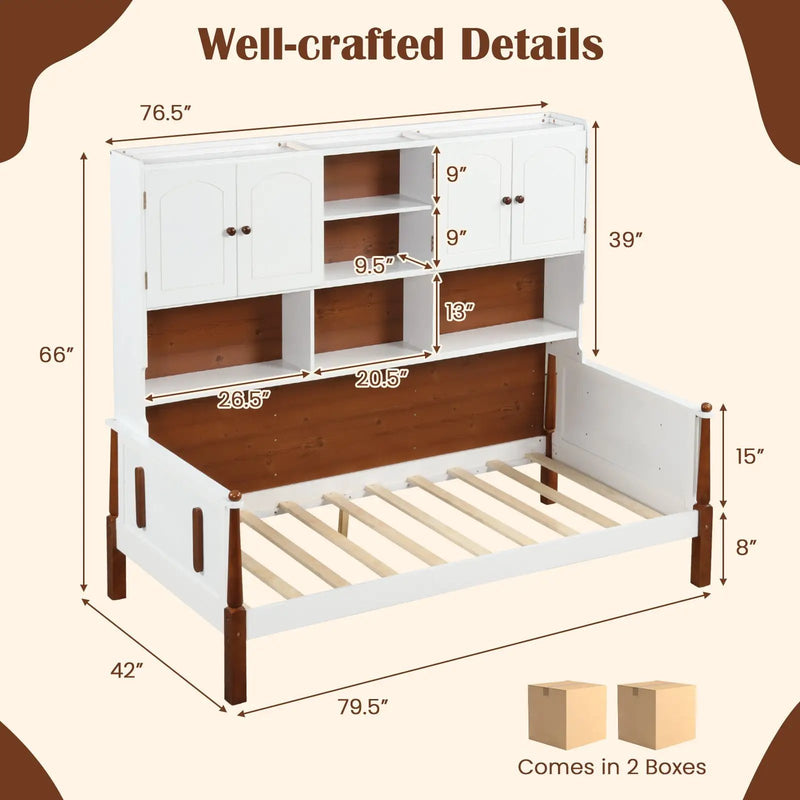 Twin Bed with Bookcase with Shelves and Wooden Slat Support No Box Spring Needed for Living Room Bedroom-White by DirectDeals