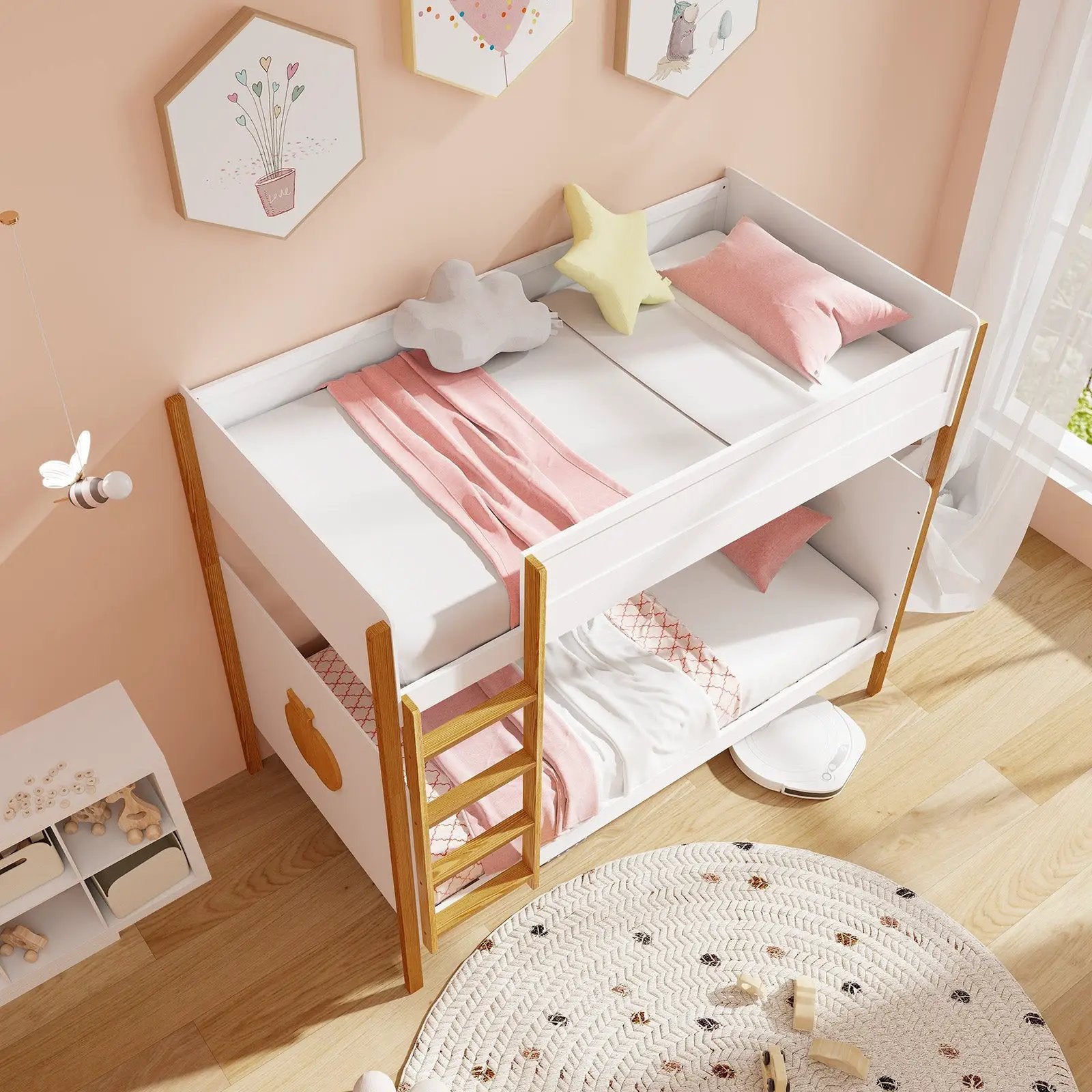 Twin Over Twin Bunk Bed with Integrated Ladder and Safety Guardrails-Twin Size by DirectDeals