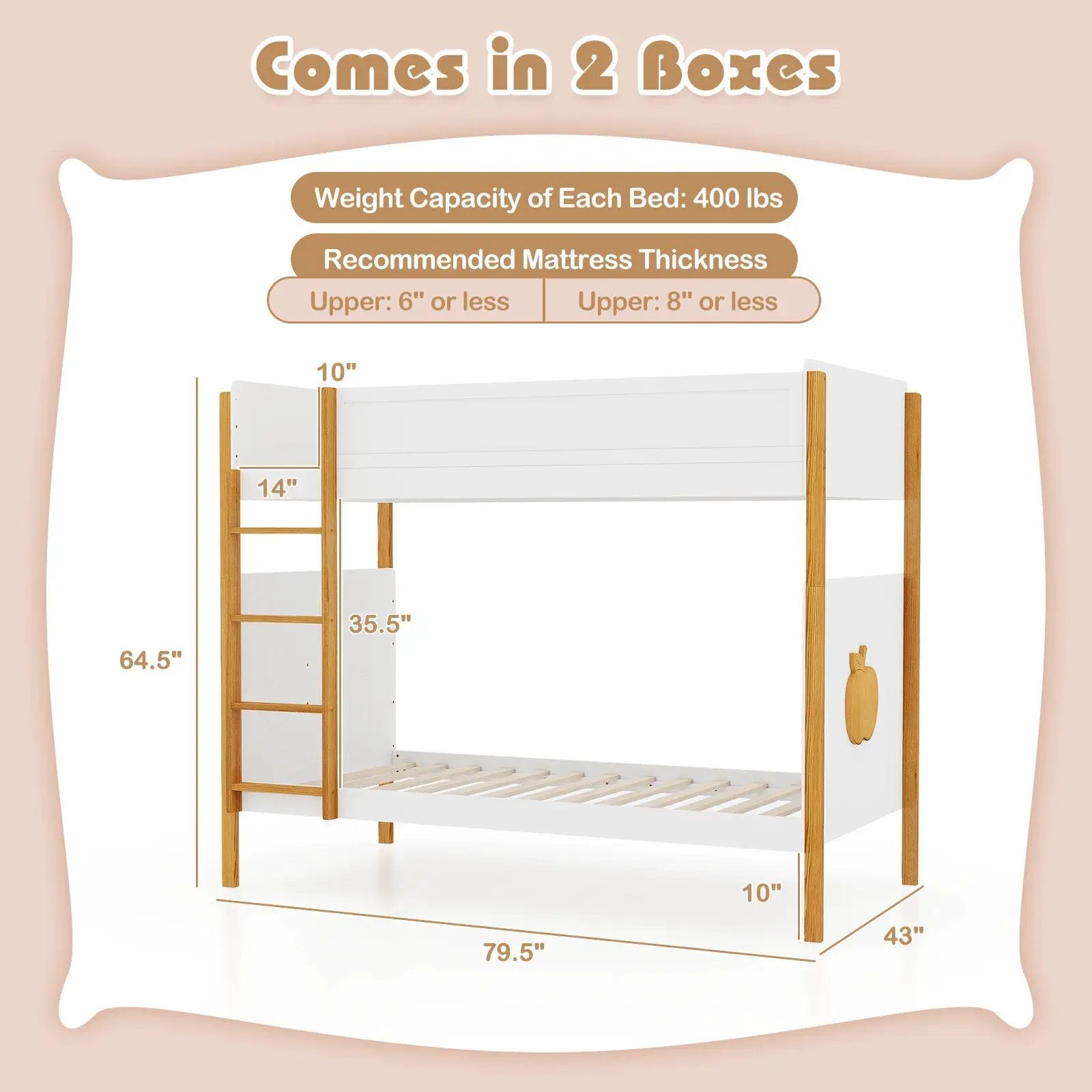 Twin Over Twin Bunk Bed with Integrated Ladder and Safety Guardrails-Twin Size by DirectDeals