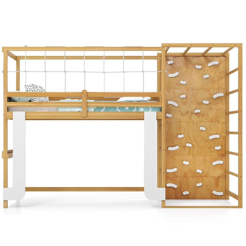 Twin Bunk Bed with Jungle Gym Wooden Loft Bed with Climbing Ladder-Natural by DirectDeals