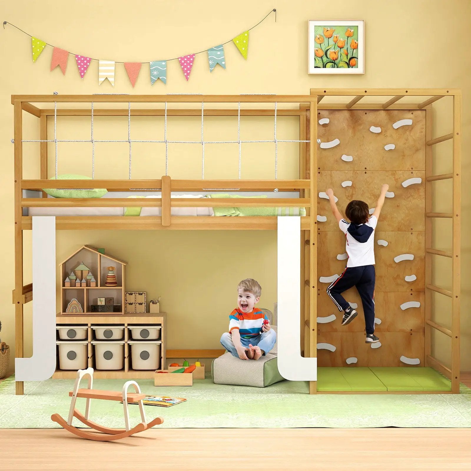 Twin Bunk Bed with Jungle Gym Wooden Loft Bed with Climbing Ladder-Natural by DirectDeals