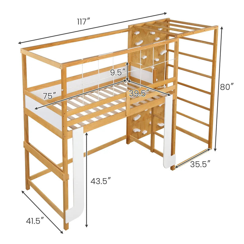 Twin Bunk Bed with Jungle Gym Wooden Loft Bed with Climbing Ladder-Natural by DirectDeals