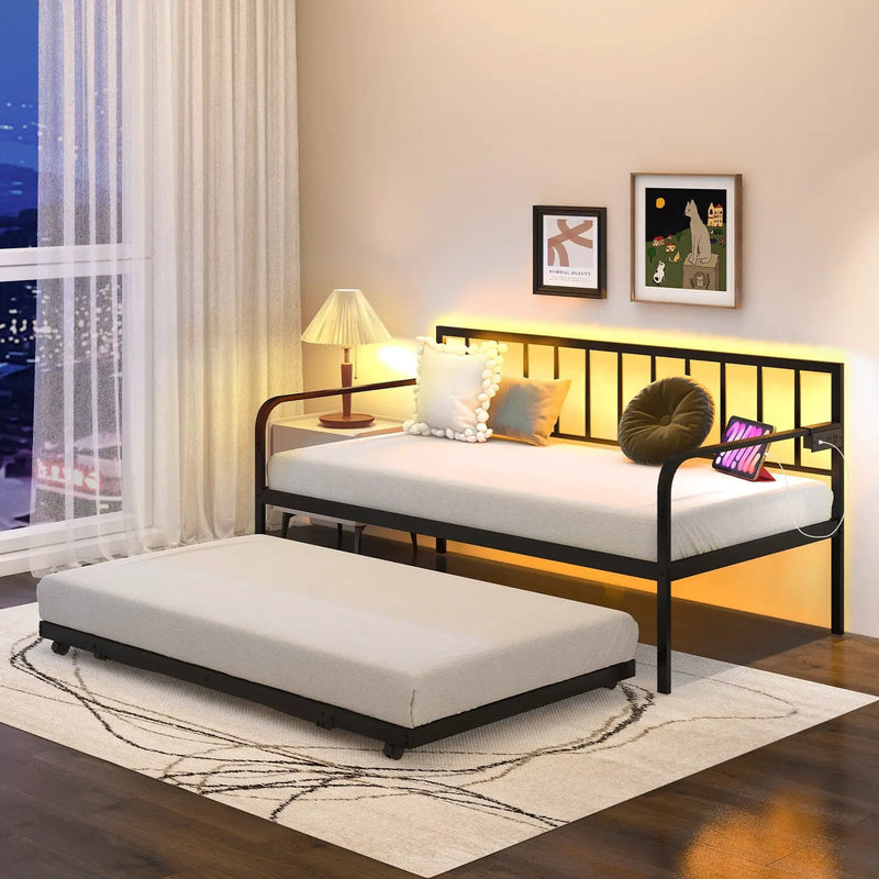 Twin Daybed with Charging Station and LED Lights-Black by DirectDeals