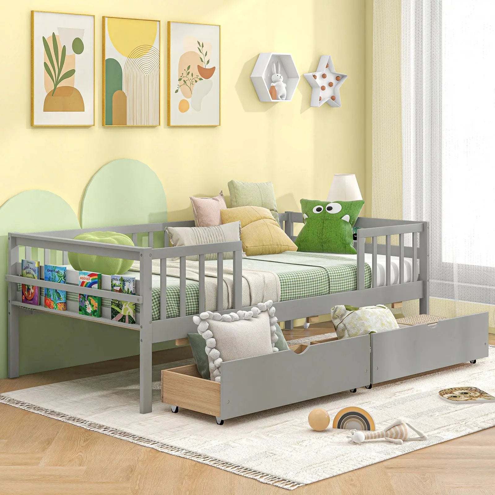 Twin Daybed with Fence and 2 Drawers Kids Bed for Boys & Girls by DirectDeals