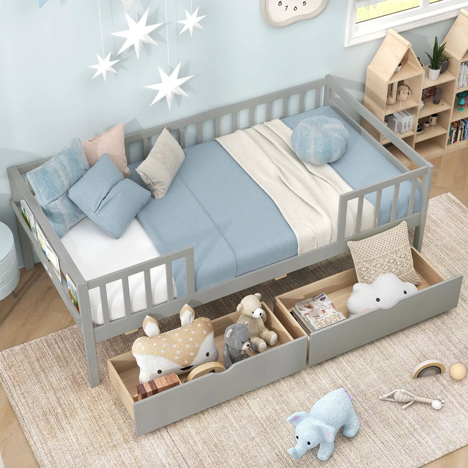 Twin Daybed with Fence and 2 Drawers Kids Bed for Boys & Girls by DirectDeals