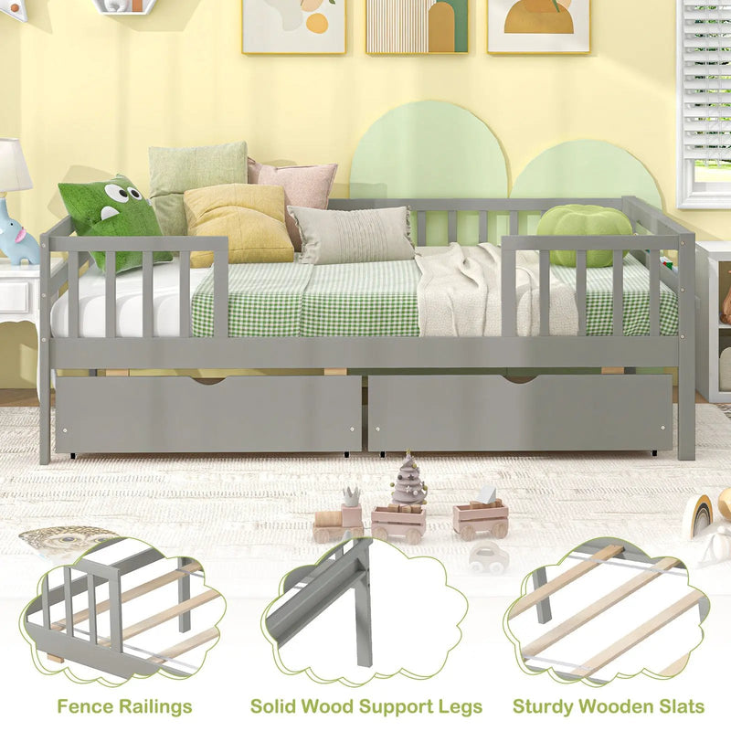 Twin Daybed with Fence and 2 Drawers Kids Bed for Boys & Girls by DirectDeals