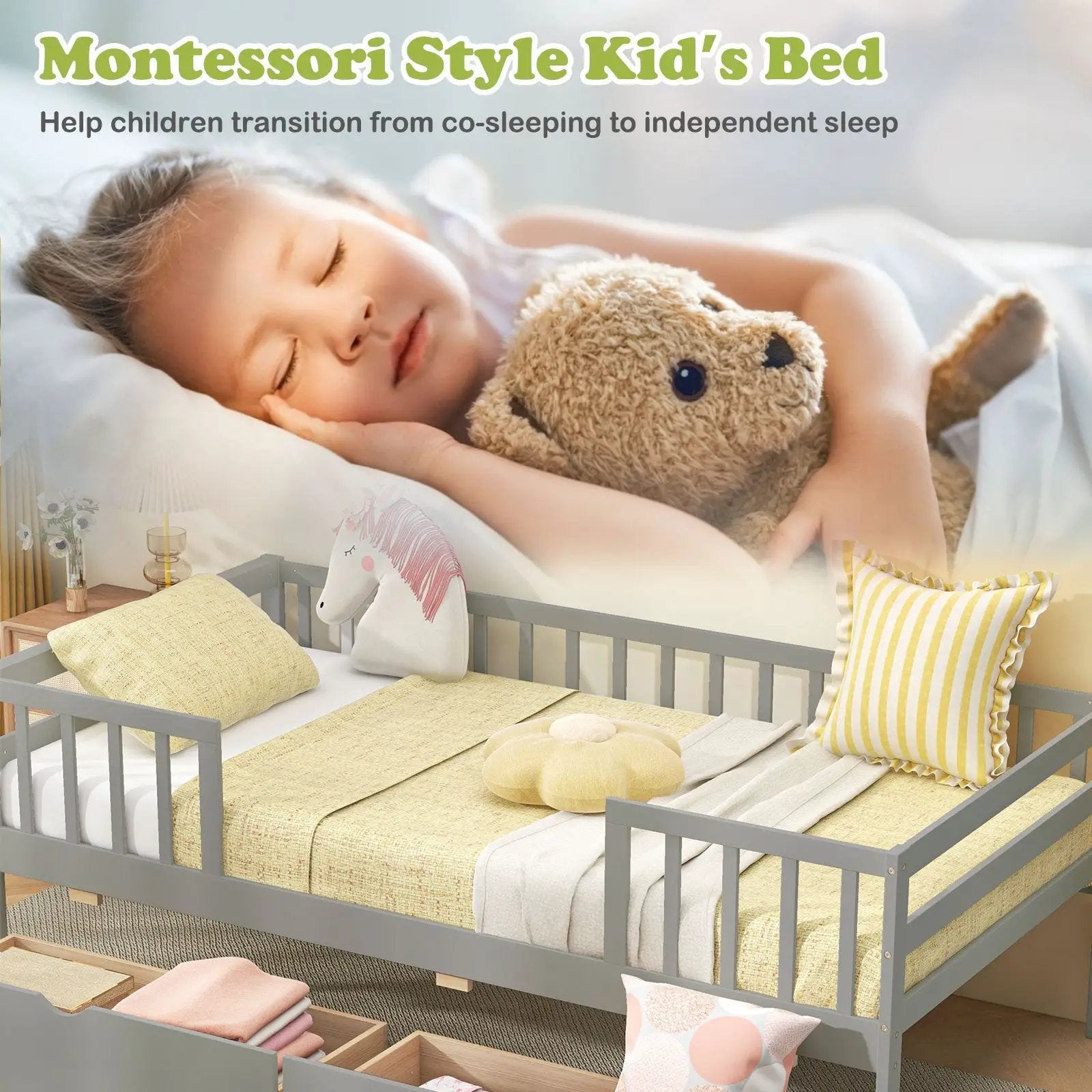 Twin Daybed with Fence and 2 Drawers Kids Bed for Boys & Girls by DirectDeals