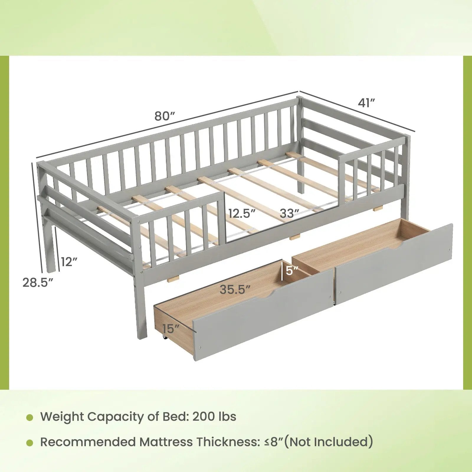 Twin Daybed with Fence and 2 Drawers Kids Bed for Boys & Girls by DirectDeals