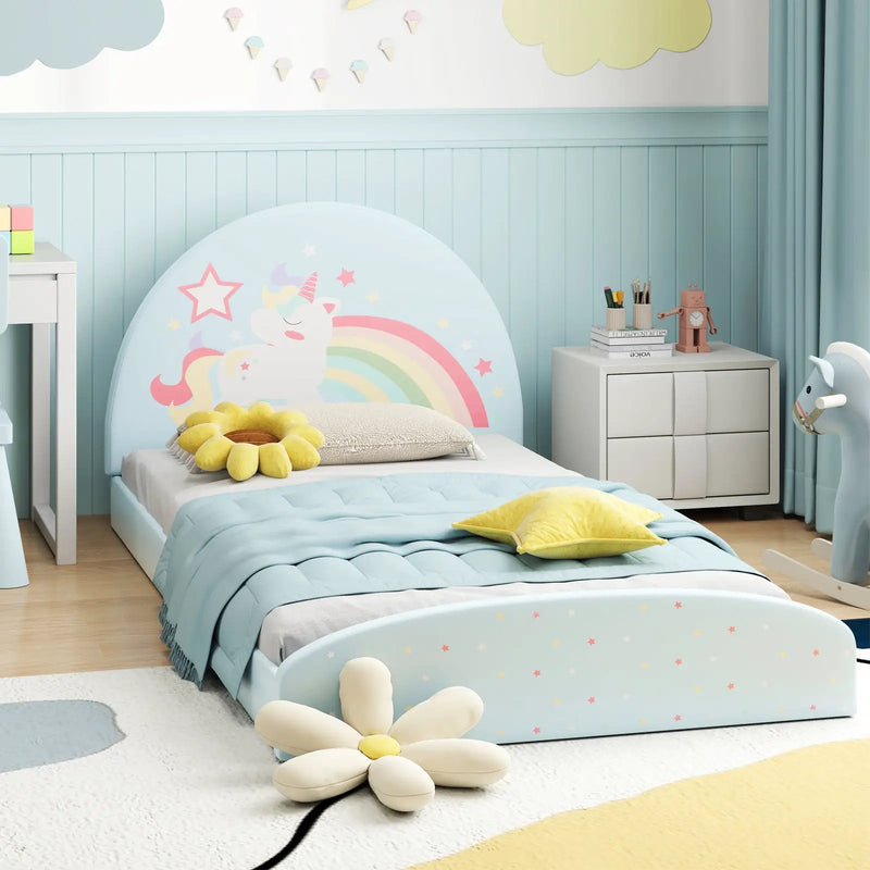 Twin Floor Bed Frame Upholstered Twin Size Kids Floor Bed with 210D Oxford Cloth Floor Mat by DirectDeals