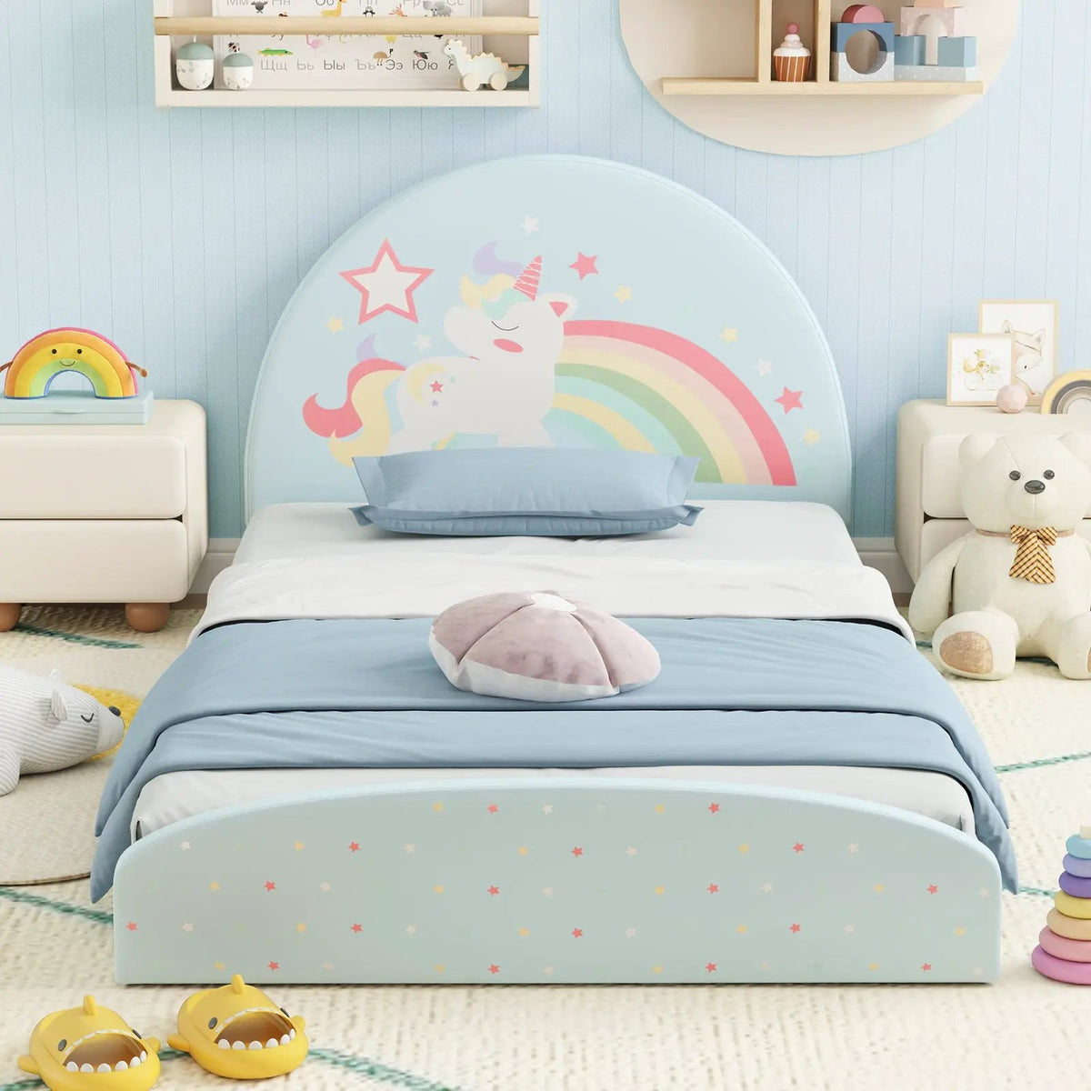 Twin Floor Bed Frame Upholstered Twin Size Kids Floor Bed with 210D Oxford Cloth Floor Mat by DirectDeals