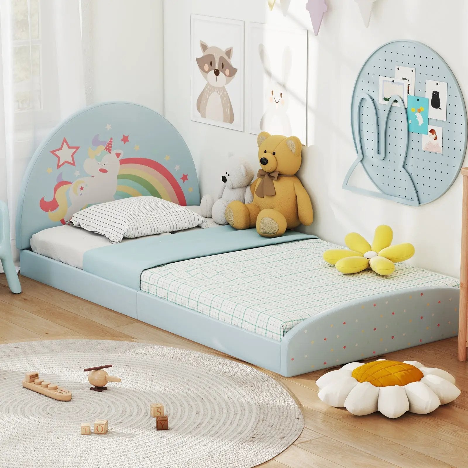 Twin Floor Bed Frame Upholstered Twin Size Kids Floor Bed with 210D Oxford Cloth Floor Mat by DirectDeals