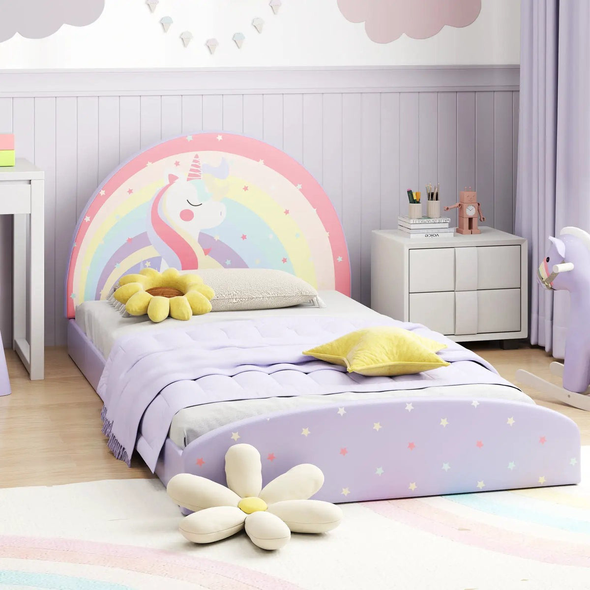 Twin Floor Bed Frame Upholstered Twin Size Kids Floor Bed with 210D Oxford Cloth Floor Mat by DirectDeals