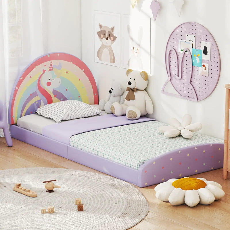 Twin Floor Bed Frame Upholstered Twin Size Kids Floor Bed with 210D Oxford Cloth Floor Mat by DirectDeals