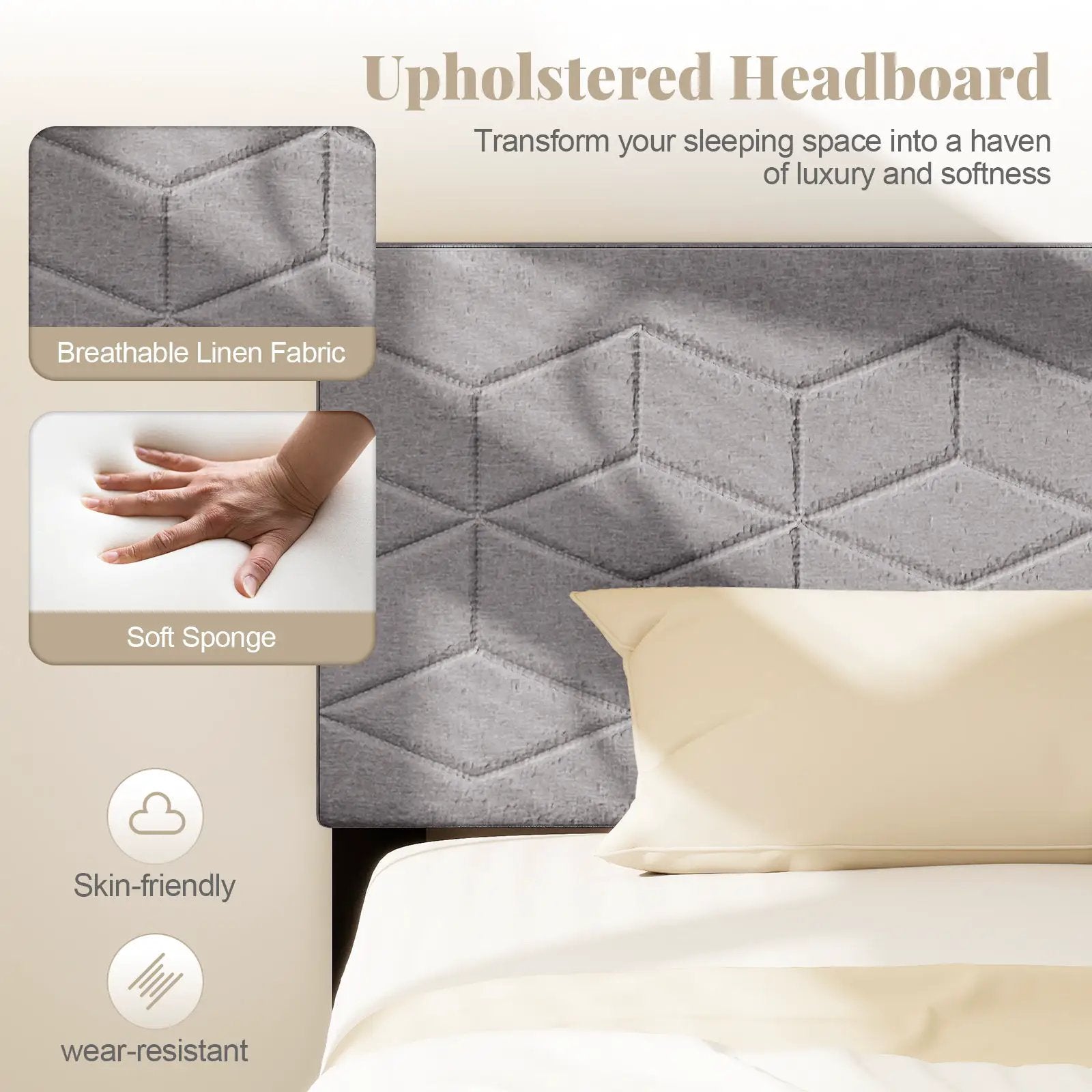 Twin/Full/Queen Size Bed Frame Modern Platform Bed with Linen Fabric Upholstered Headboard by DirectDeals
