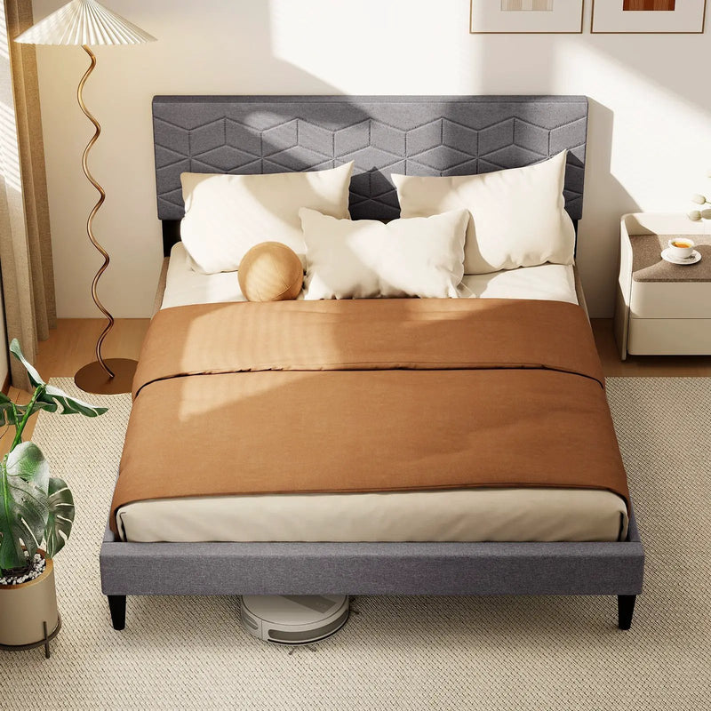 Twin/Full/Queen Size Bed Frame Modern Platform Bed with Linen Fabric Upholstered Headboard by DirectDeals